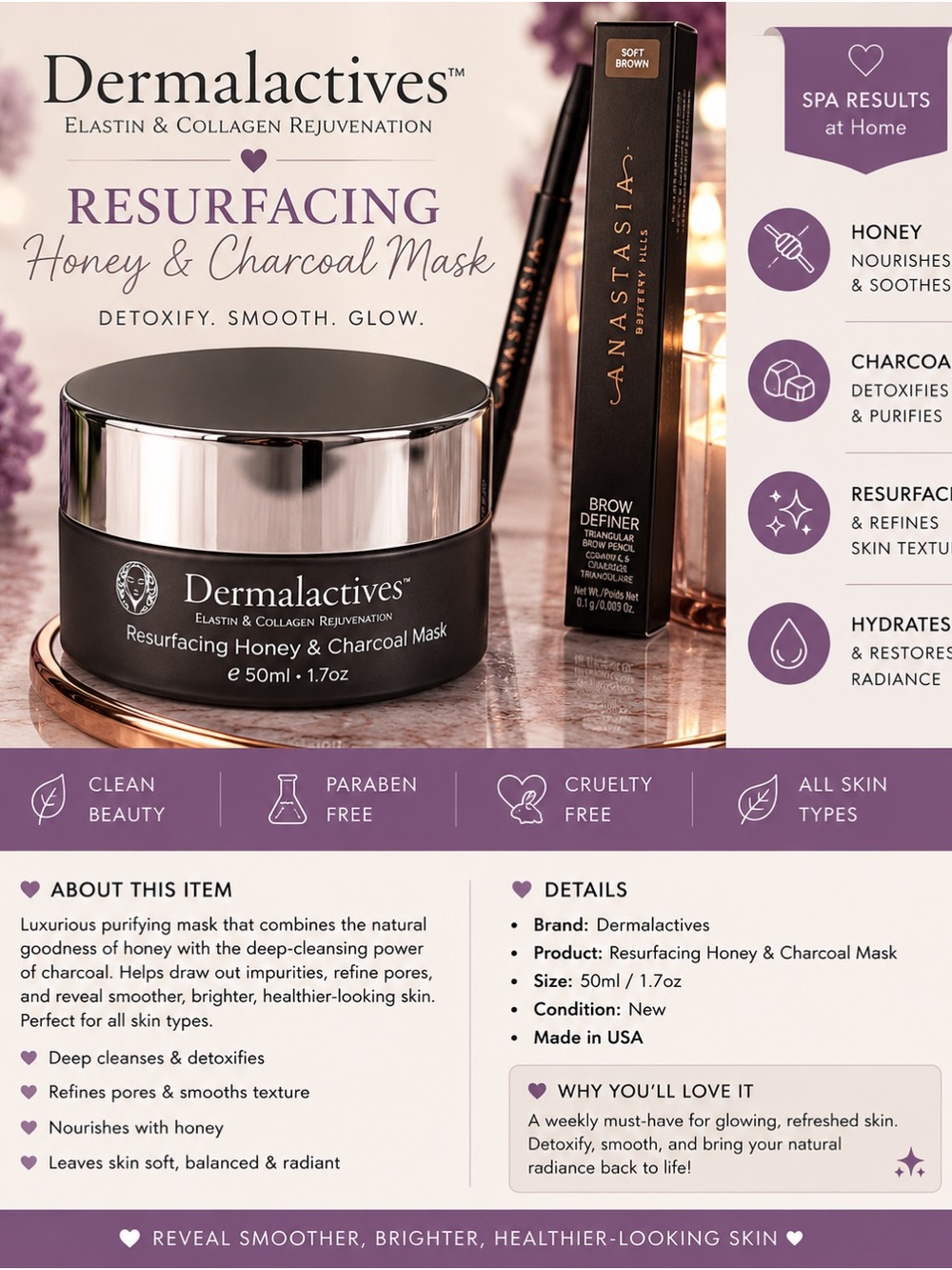 Dermalactives Honey & Charcoal Resurfacing Face Mask 1.7 oz New Spa Skincare
